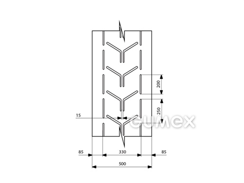 Gumový dopravníkový pás oderuvzdorný EP 400/3 Y CHEVRON profilový, 3vl, hrúbka 8mm, šírka 500mm, profil L44, krytie 3,5+1,5, profil šírky 440mm, ťažšie zaťaženie, obrusivosť max. 120mm3, -25°C/+60°C, čierny